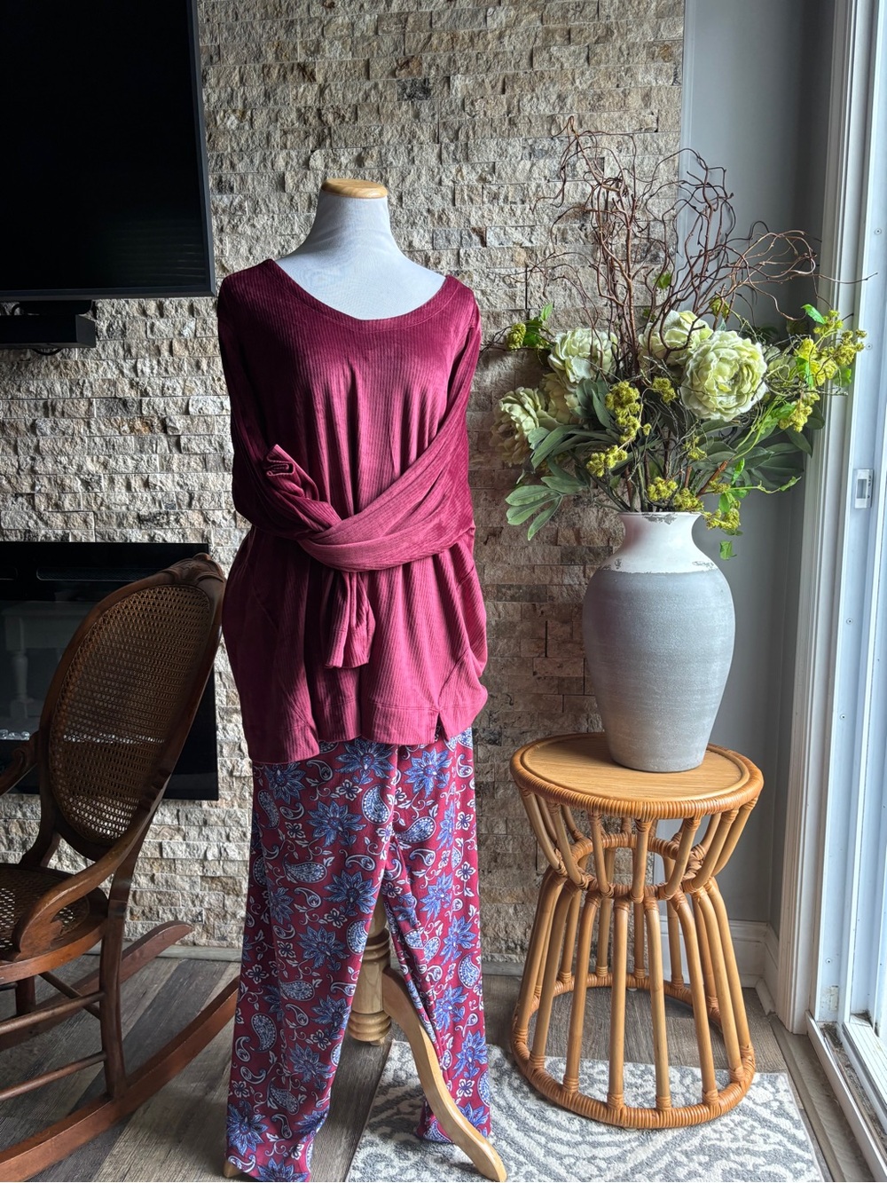 croft & barrow lounge set Burgundy Long-Sleeve Tunic with Paisley Wide-Leg Pants